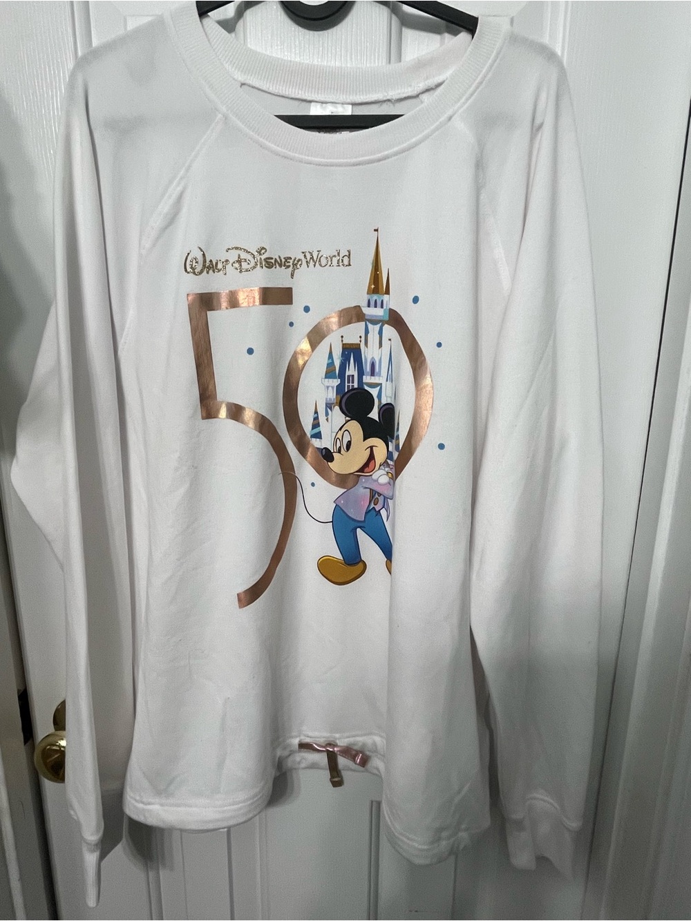 Disney White Long Sleeve 50th Anniversary Mickey Mouse Tee with Gold Accents
